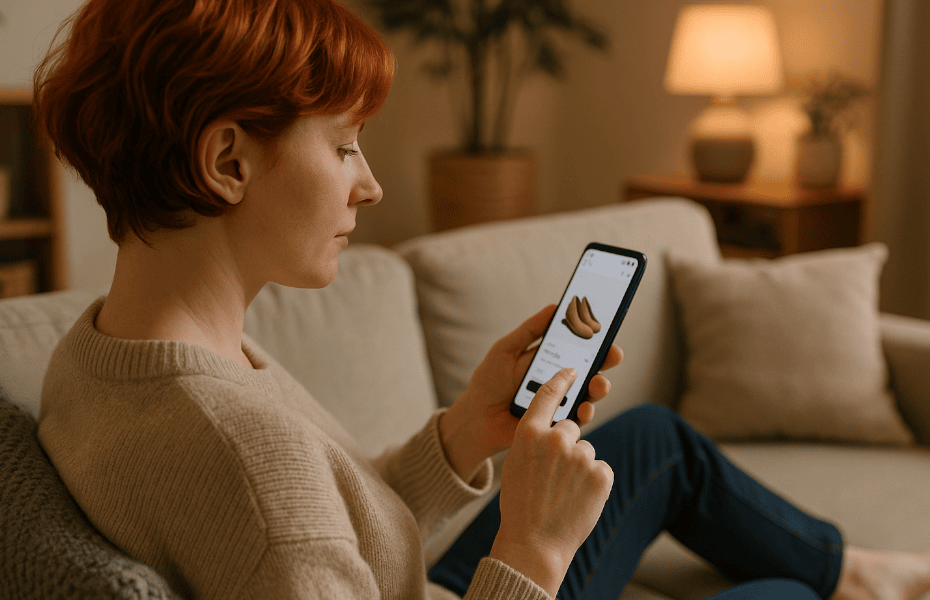 femme rousse en train d'acheter des chaussures en ligne depuis son smartphone