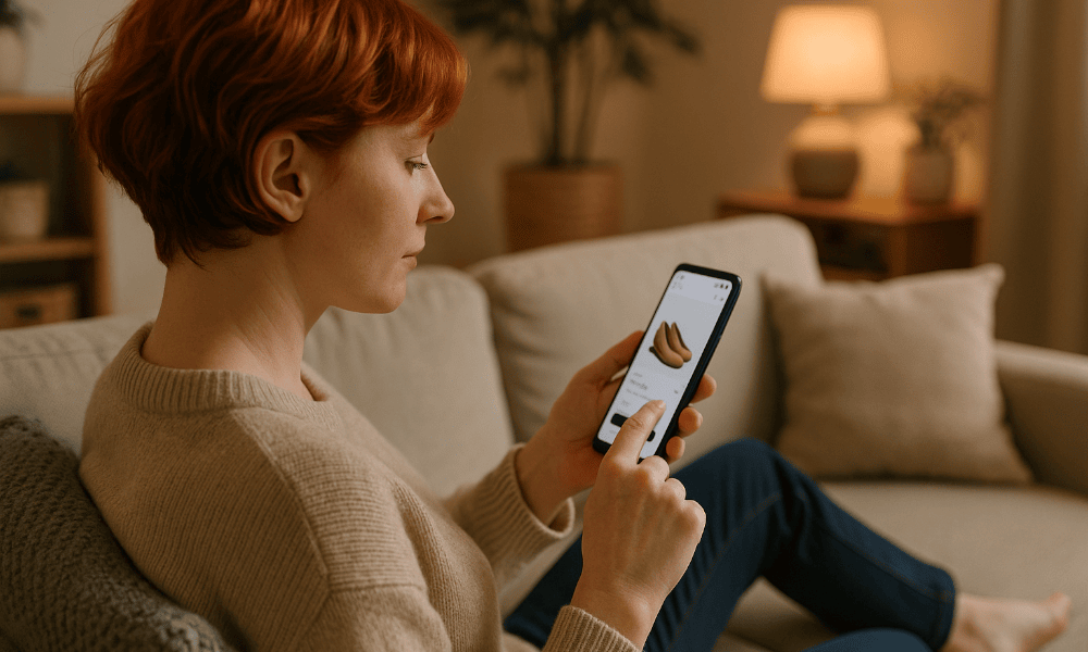 femme rousse en train d'acheter des chaussures en ligne depuis son smartphone