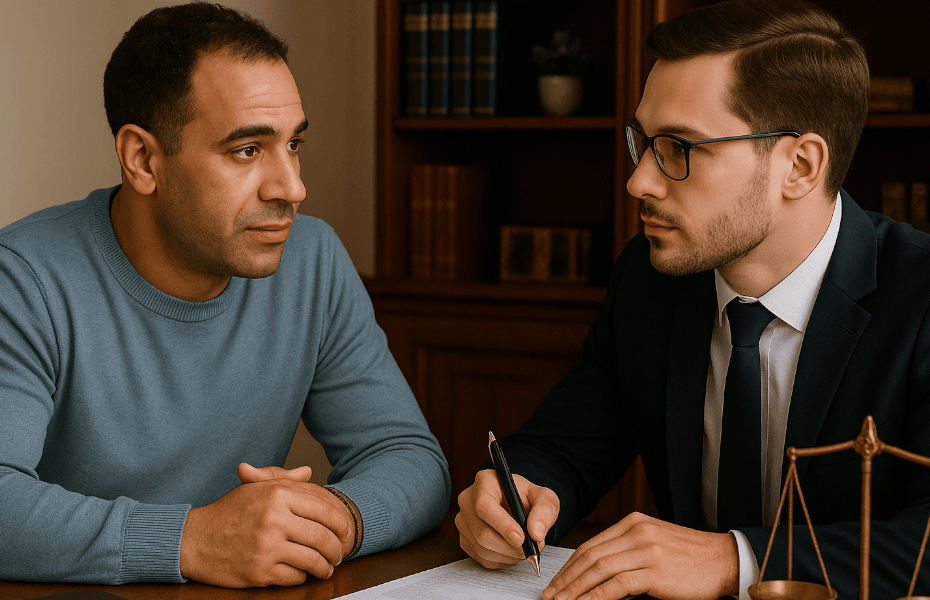 un consommateur belge en train de discuter avec son avocat