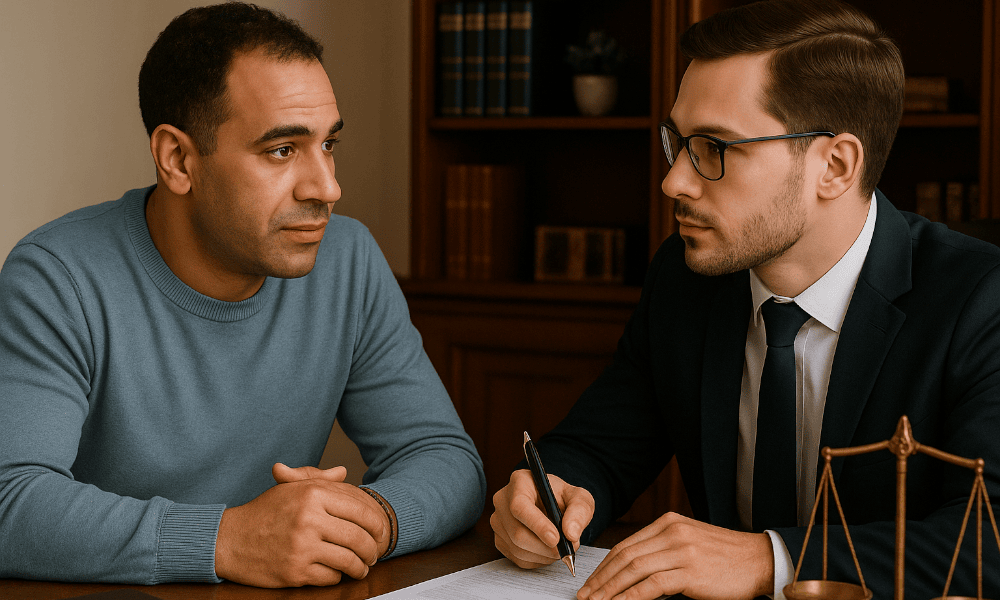 un consommateur belge en train de discuter avec son avocat