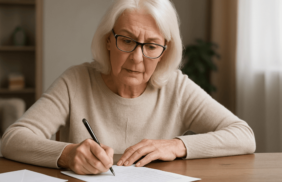 femme âgée rédigeant une lettre de réclamation pour Argenta Banque