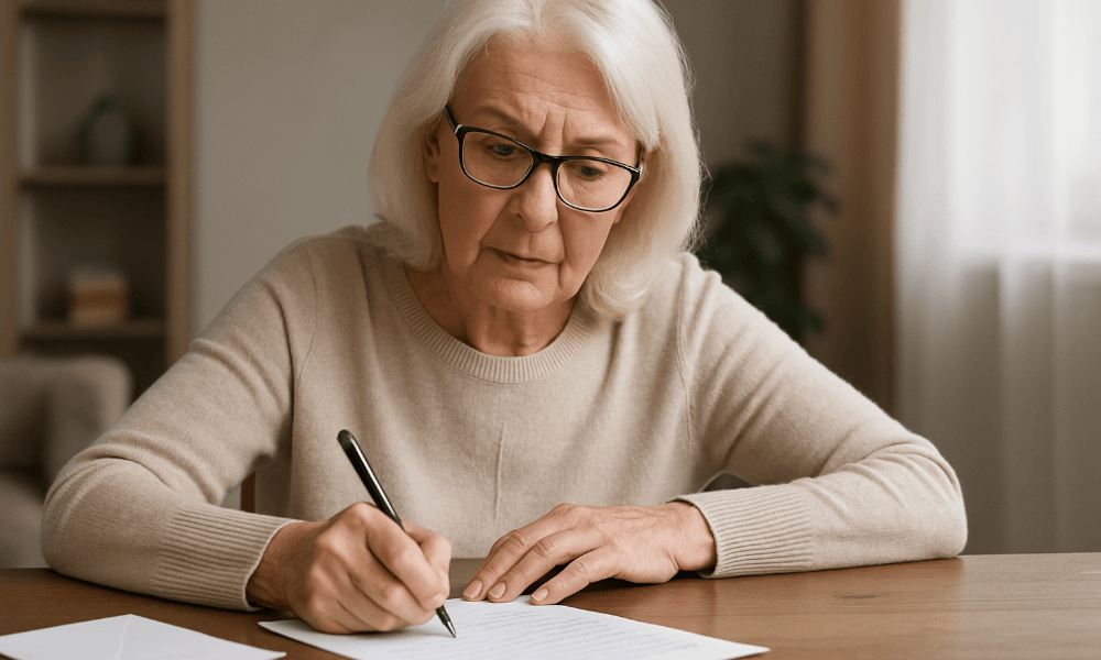 femme âgée rédigeant une lettre de réclamation pour Argenta Banque
