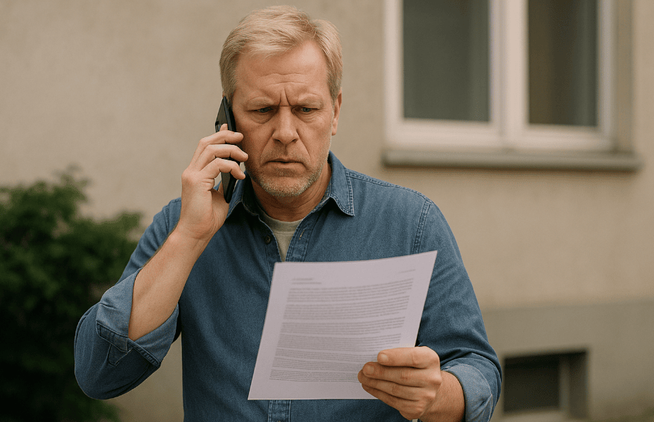 homme blond au téléphone avec la banque MeDirect