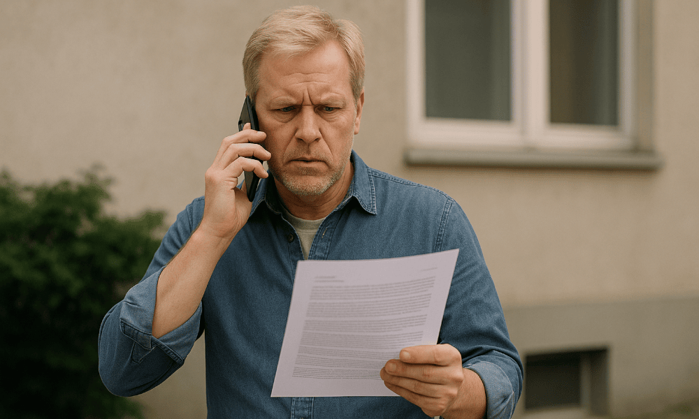 homme blond au téléphone, avec un contrat à la main, pour faire une réclamation à MeDirect