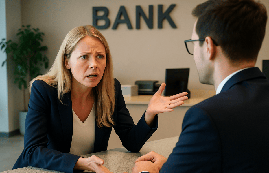 femme blonde faisant une réclamation à un guichet de la Banque Nationale de Belgique
