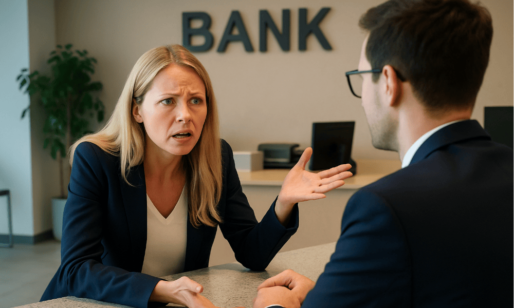 femme blonde faisant une réclamation à un guichet de la Banque Nationale de Belgique