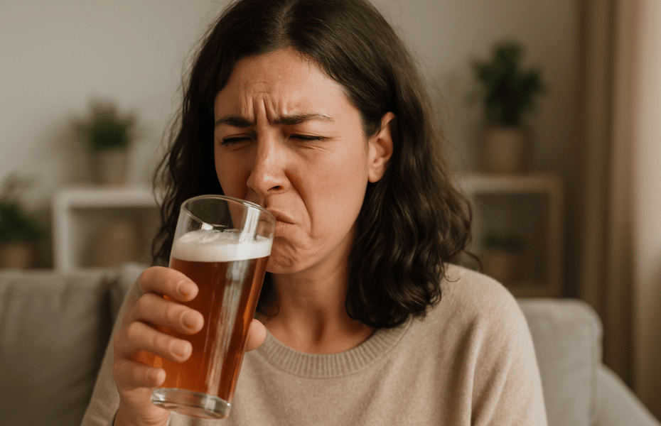 femme en train de goûter une bière Affligem qui n'a pas l'air bonne