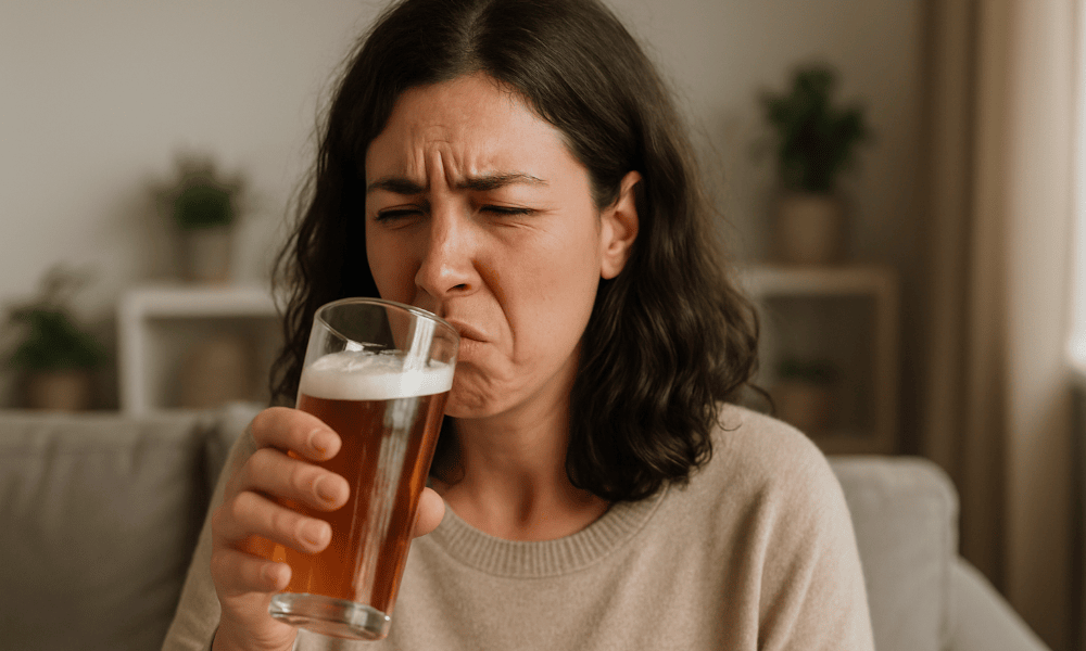femme en train de goûter une bière Affligem qui n'a pas l'air bonne