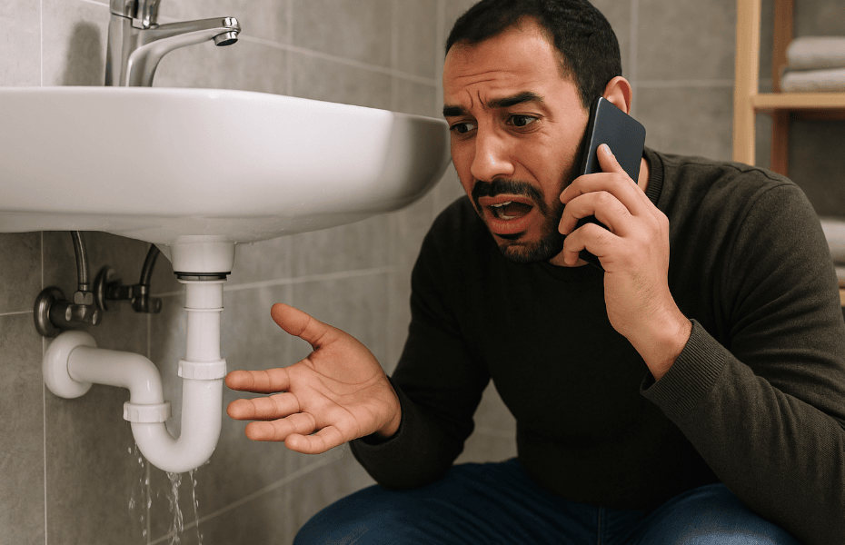 homme en train de se plaindre à la CILE par téléphone à cause d'une fuite d'eau sous son lavabo