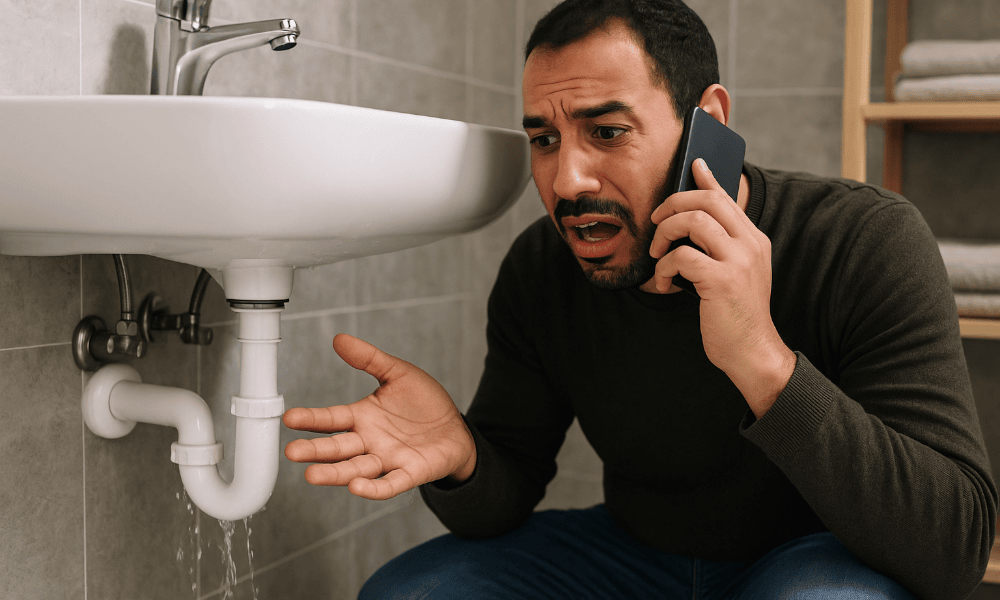 homme en train de se plaindre à la CILE par téléphone à cause d'une fuite d'eau sous son lavabo