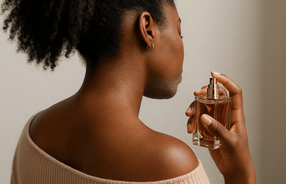femme de dos se parfumant avec un flacon Guerlain