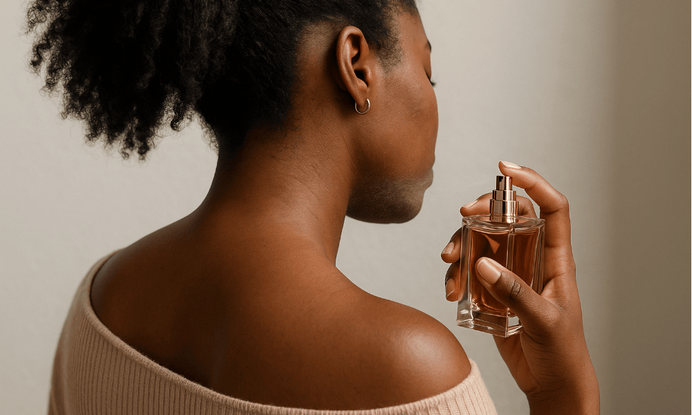 femme de dos se parfumant avec un flacon Guerlain
