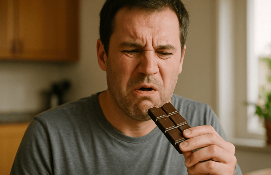 homme en train de manger du chocolat Leonidas qui n'a pas bon goût
