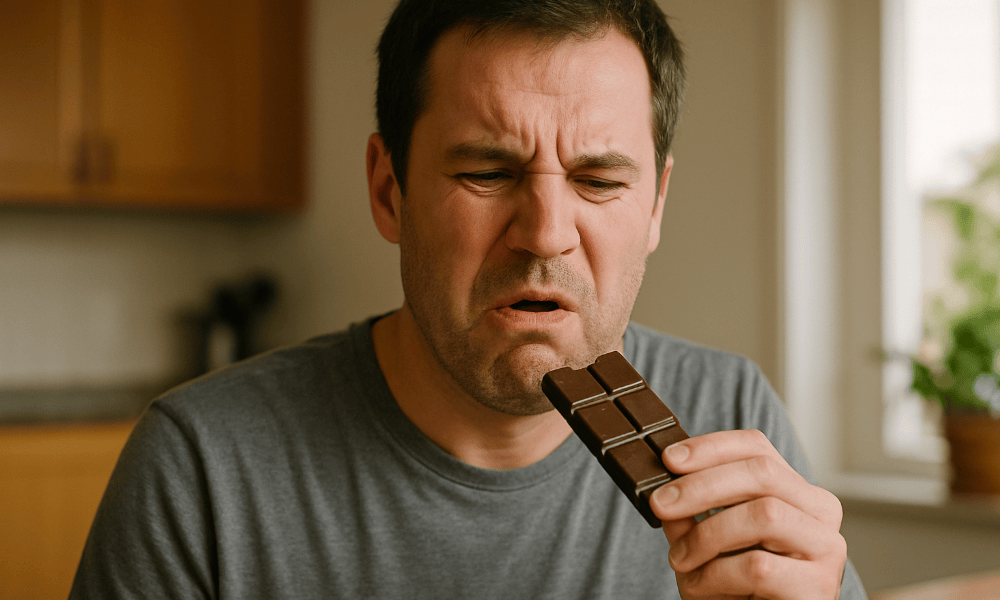 homme en train de manger du chocolat Leonidas qui n'a pas bon goût