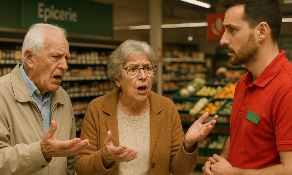 couple de personnes âgées faisant une réclamation à un membre du service client Louis Delhaize