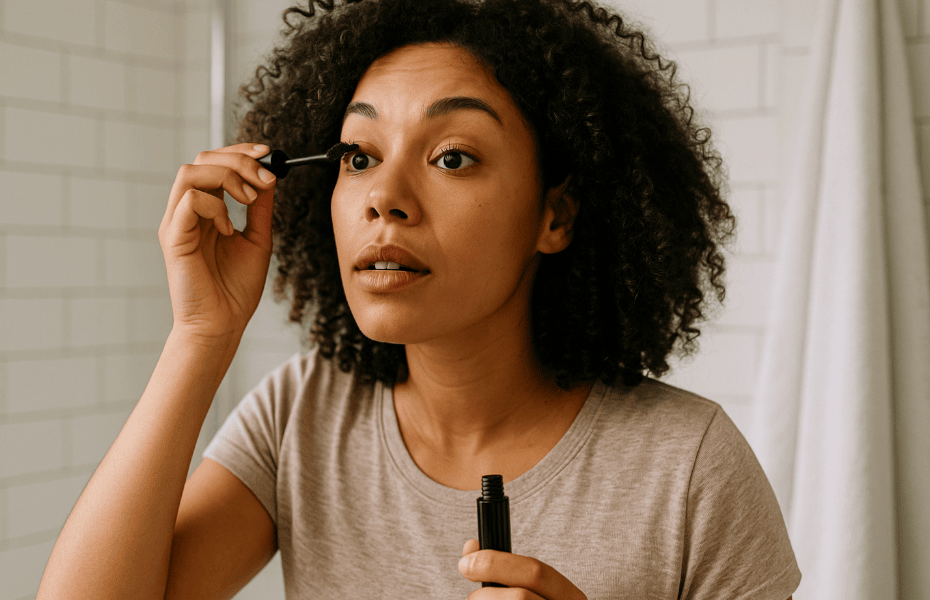 femme se mettant du mascara Maybelline dans sa salle de bain