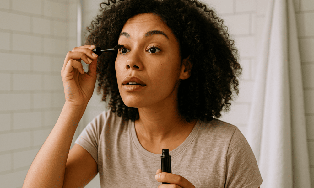 femme se mettant du mascara Maybelline dans sa salle de bain