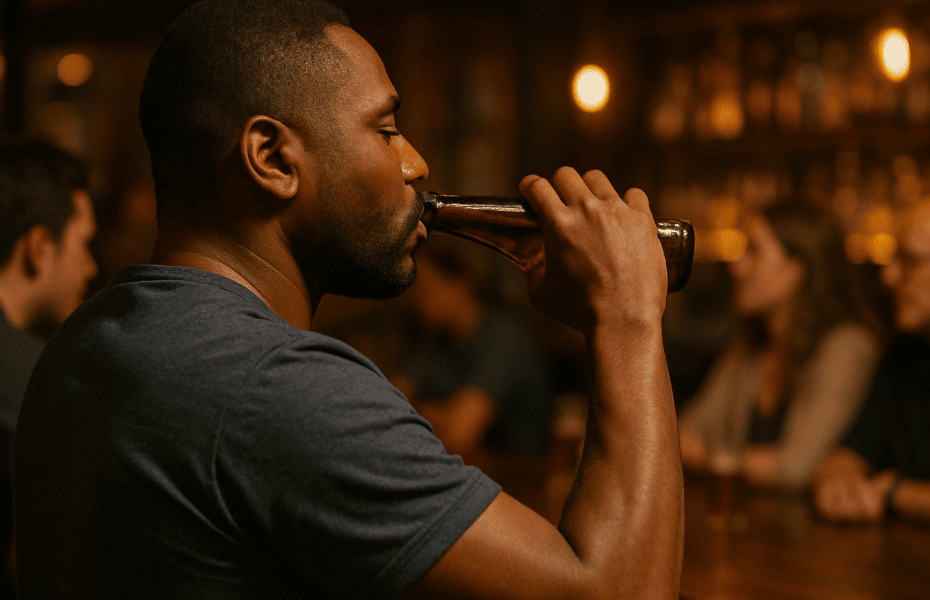 homme buvant une bière Mort Subite dans un bar