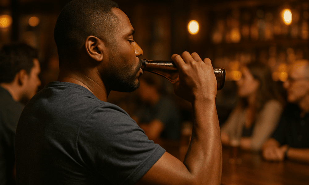 homme buvant une bière Mort Subite dans un bar