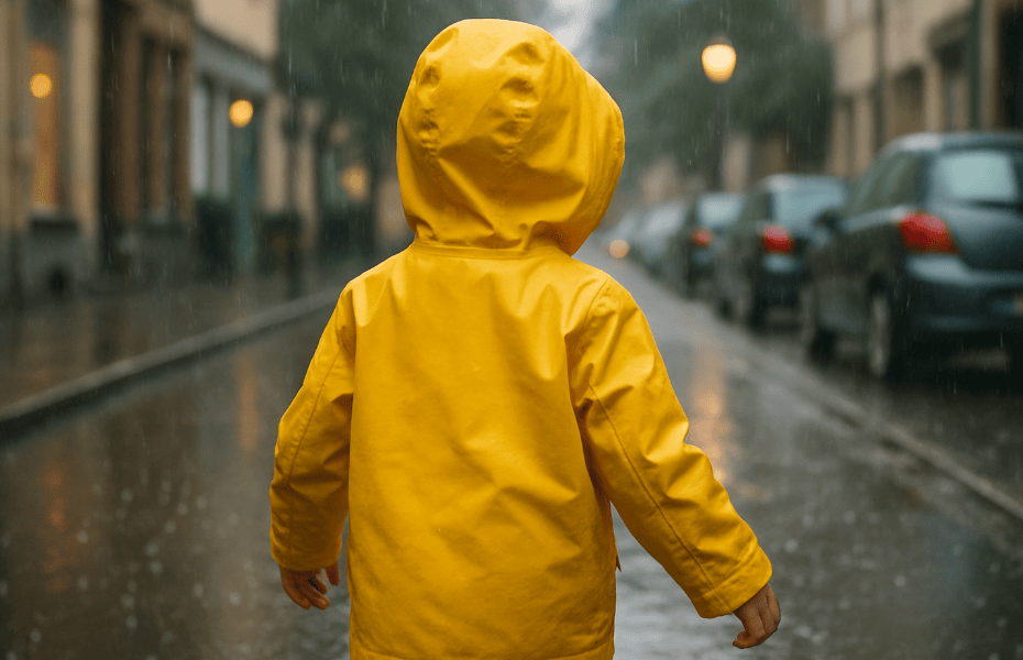 enfant de dos, marchant dans une rue sous la pluie, avec un ciré jaune Petit Bateau