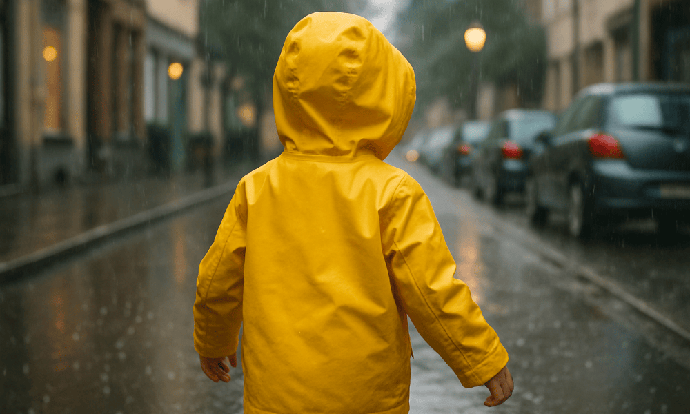 enfant de dos, marchant dans une rue sous la pluie, avec un ciré jaune Petit Bateau