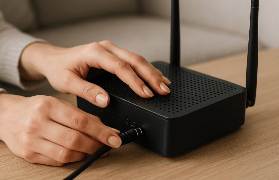 mains d'une femme en train d'essayer de résoudre un problème sur sa box Proximus