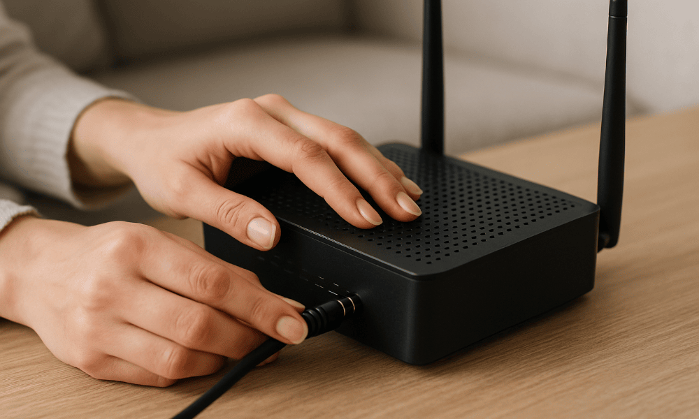 mains d'une femme en train d'essayer de résoudre un problème sur sa box Proximus