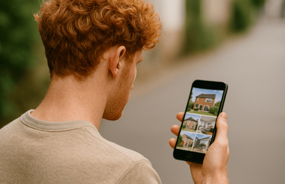 homme roux de dos en train de consulter le site RE/MAX sur son smartphone