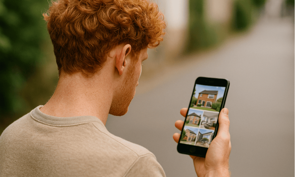 homme roux de dos en train de consulter le site RE/MAX sur son smartphone