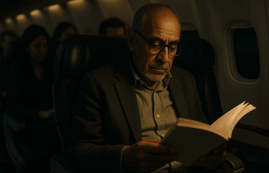 homme avec des lunettes en train de lire un livre dans un avion de Royal Air Maroc
