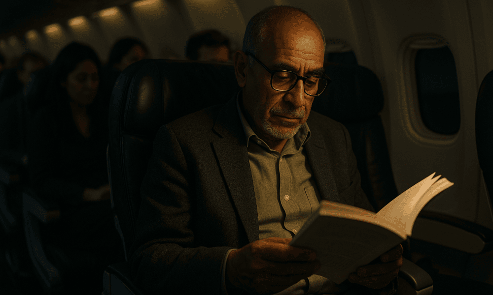 homme avec des lunettes en train de lire un livre dans un avion de Royal Air Maroc