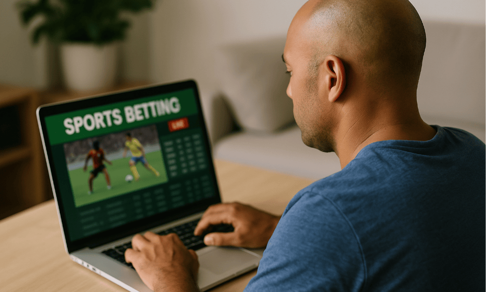homme faisant des paris sportifs en ligne sur Scooore depuis son ordinateur portable