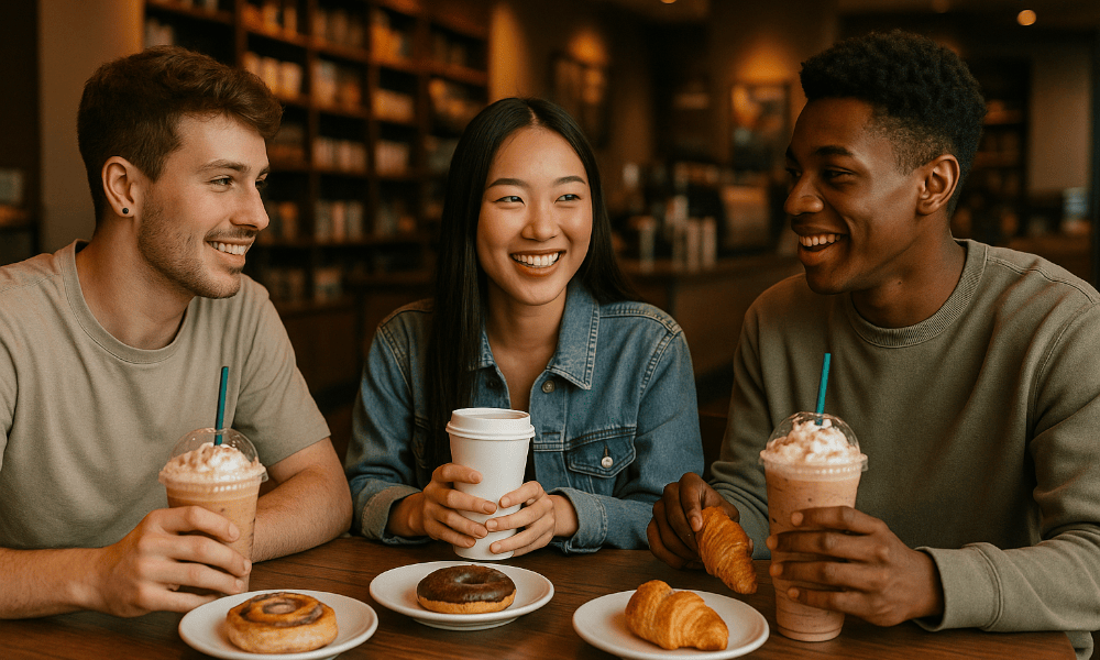 groupe de 3 amis en train de boire des boissons et manger des pâtisserie dans un Starbucks