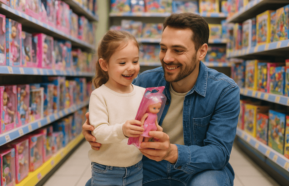 un père et sa fille choisissant une poupée dans un magasin de jouets Broze