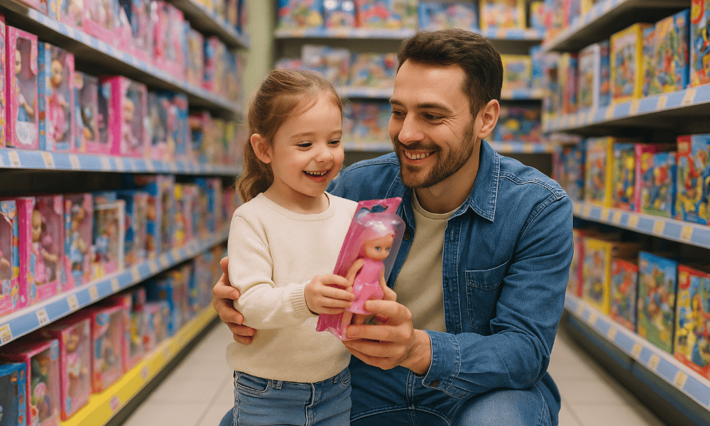 un père et sa fille choisissant une poupée dans un magasin de jouets Broze