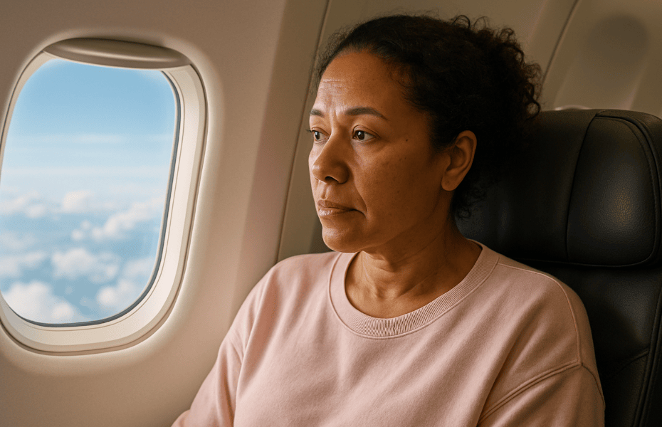 femme brune assise dans un avion EasyJet, près d'un hublot