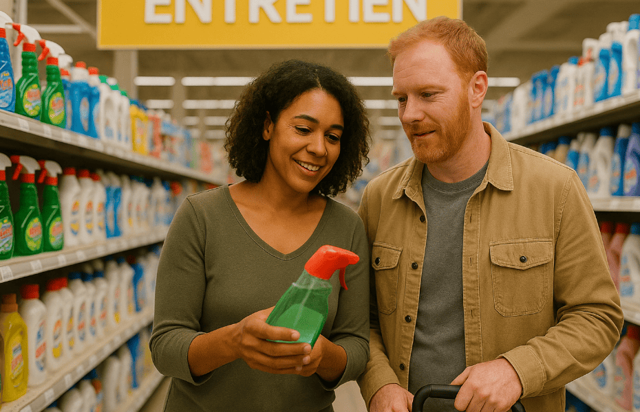 un homme roux et une femme brune en train de choisir un produit d'entretien dans un magasin Extra Shop