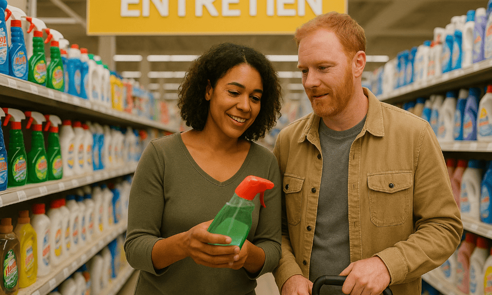 un homme roux et une femme brune en train de choisir un produit d'entretien dans un magasin Extra Shop