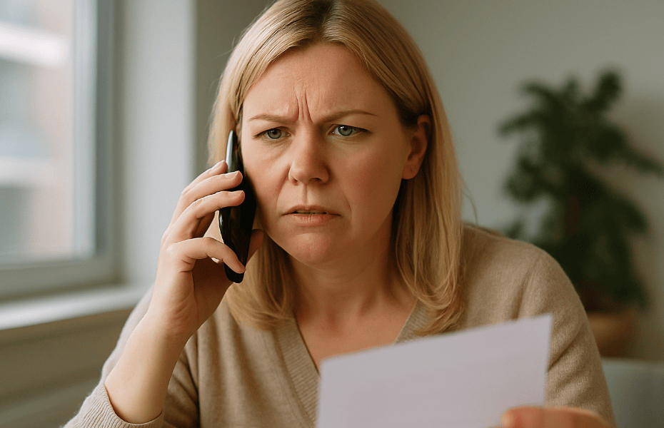femme blonde faisant une réclamation à Floa Bank par téléphone