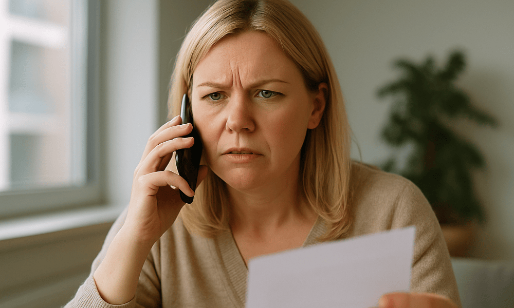 femme blonde faisant une réclamation à Floa Bank par téléphone