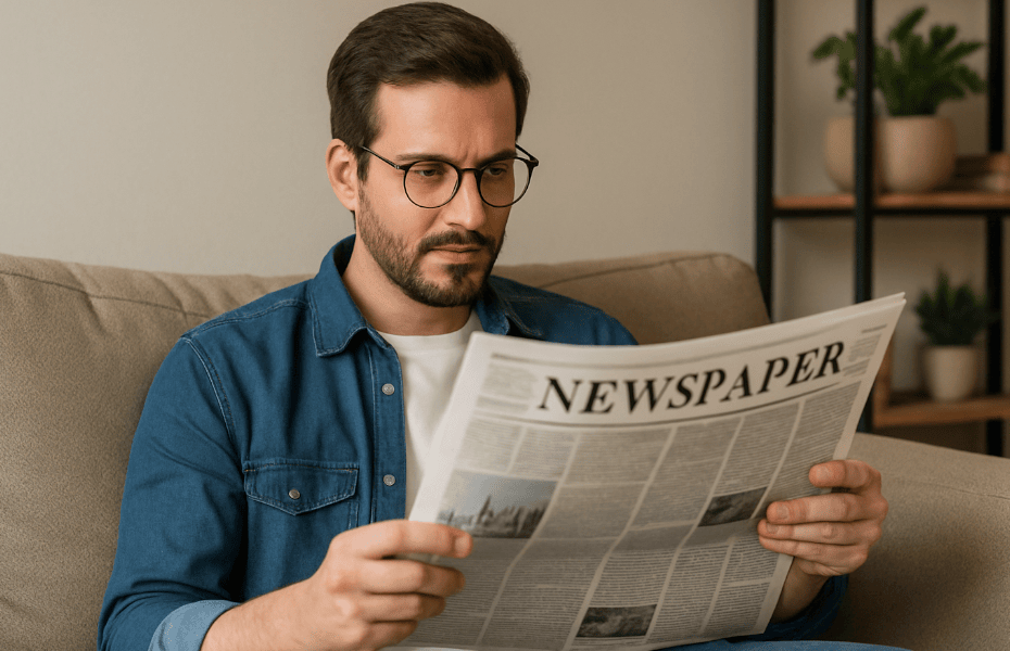 homme lisant le journal La Libre Belgique sur son canapé