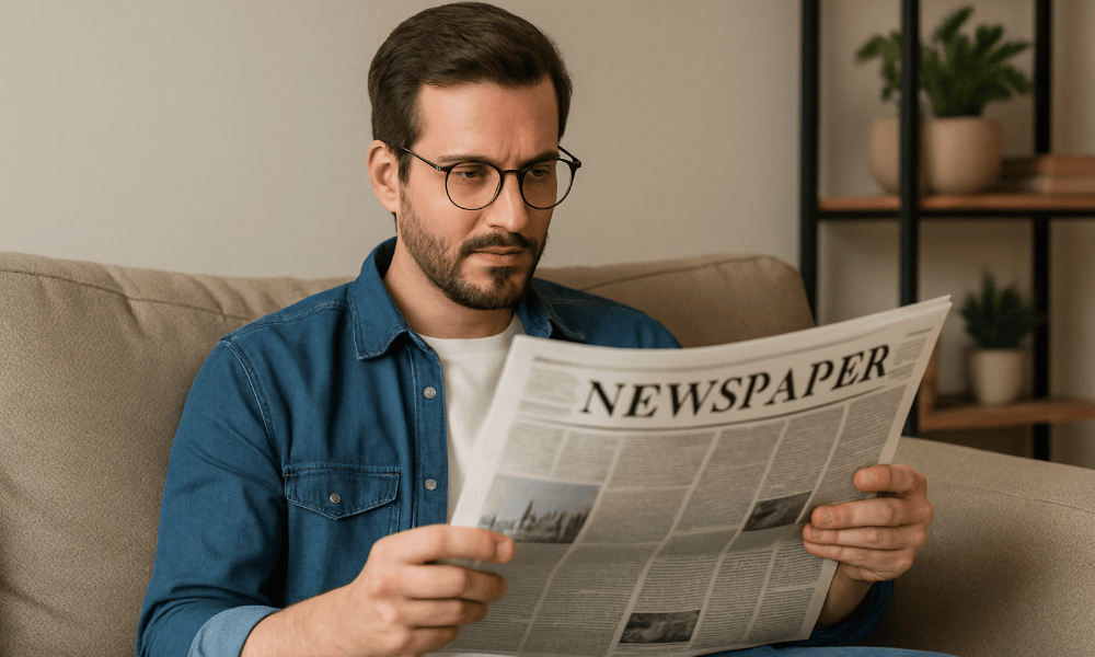 homme lisant le journal La Libre Belgique sur son canapé