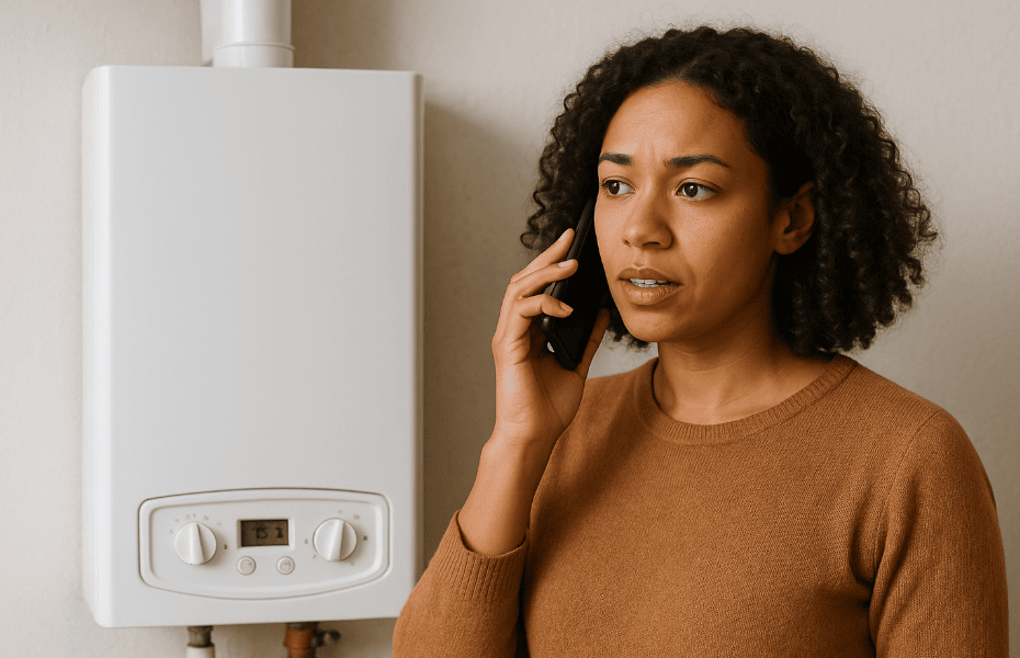 femme brune au téléphone avec Mega Energie, pour une réclamation en lien avec sa chaudière