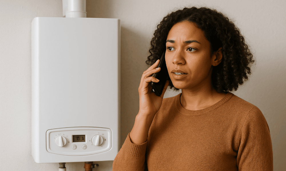 femme brune au téléphone avec Mega Energie, pour une réclamation en lien avec sa chaudière