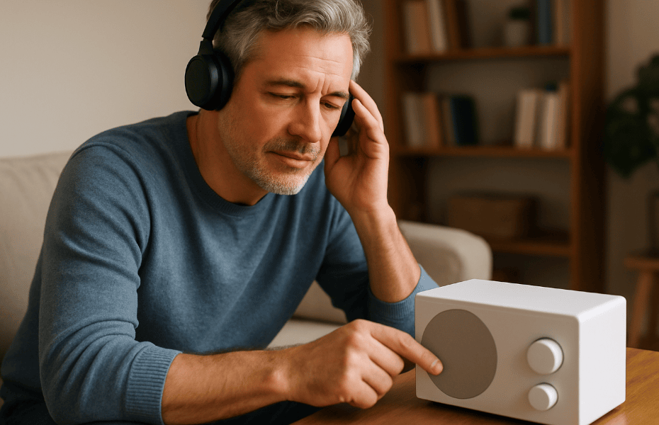 homme écoutant La 1ère sur son poste de radio avec un casque
