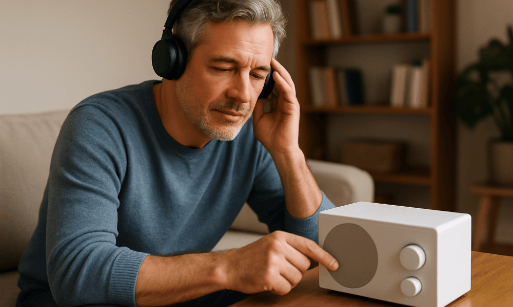 homme écoutant La 1ère sur son poste de radio avec un casque
