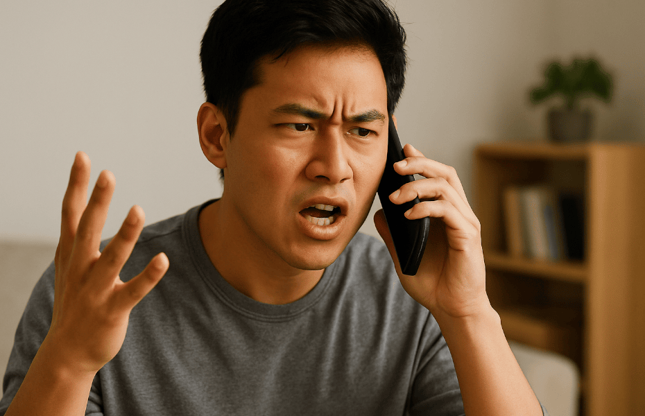 homme typé asiatique et agacé au téléphone avec le service client de Princess Cruises