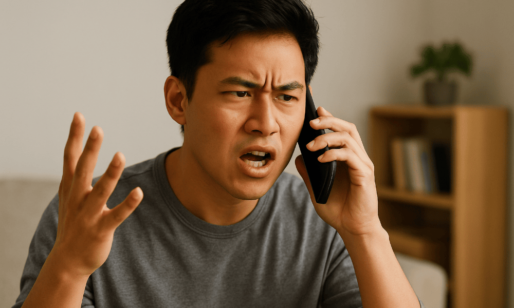 homme typé asiatique et agacé au téléphone avec le service client de Princess Cruises