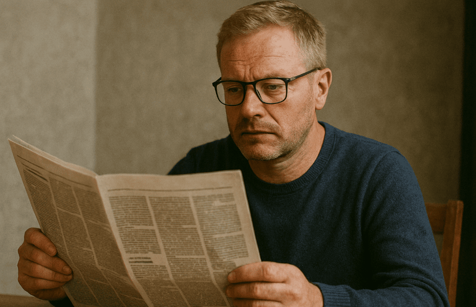 homme avec des lunettes en train de lire le journal L'Echo