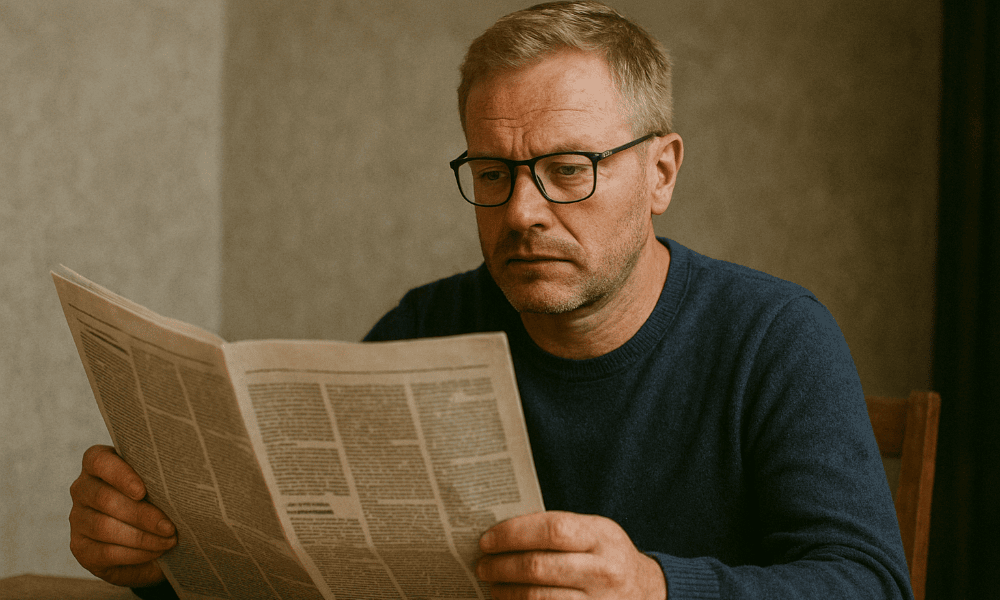 homme avec des lunettes en train de lire le journal L'Echo